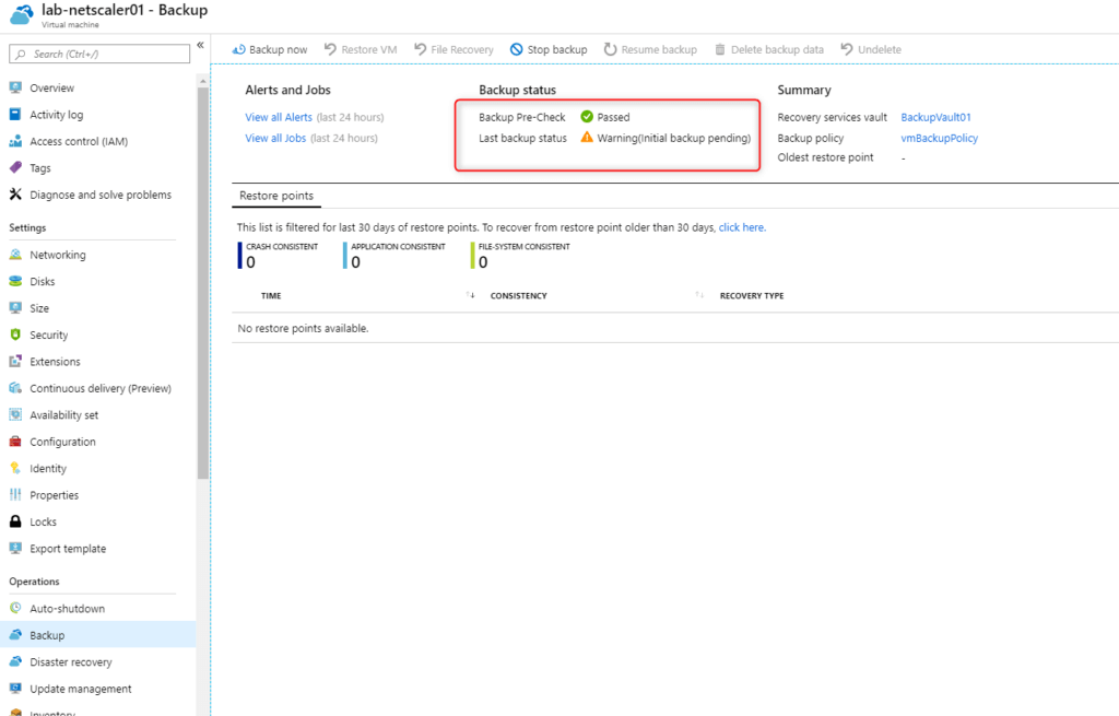 Configure Microsoft Azure Backup for VMs Status